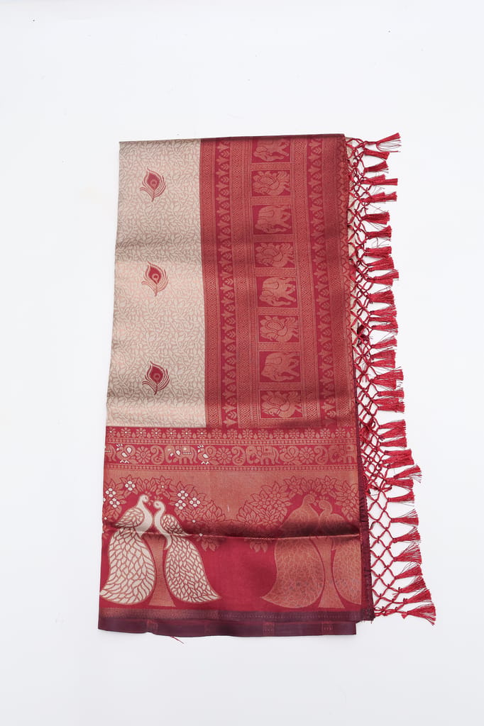 Maroon Golden Silk Blend Woven Saree with Elephant Motifs & Tassels view 2