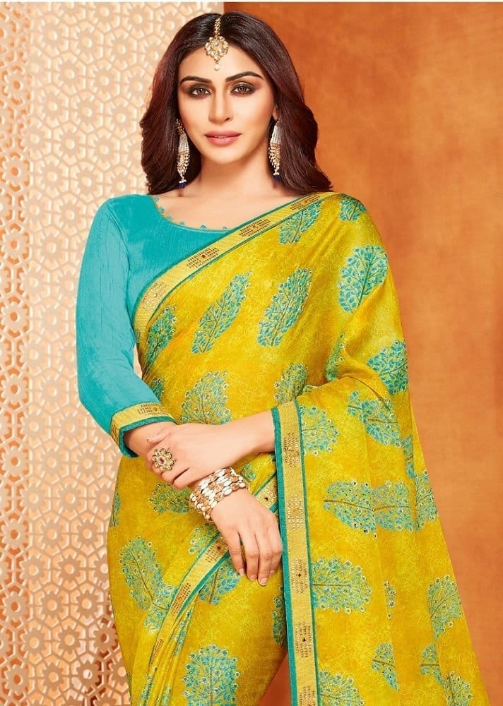 Digital Printed Georgette Saree in Yellow view 2