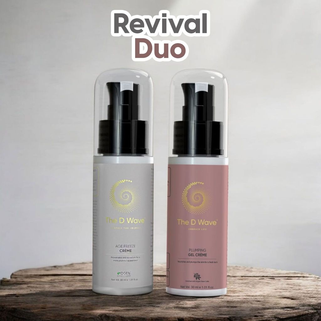 The D Wave Revival Duo | Plumping Gel Crème | Age Freeze Crème | 30ml each | Intense hydration Crème | Prevents glycation | Reducing fine lines and wrinkles | Enhances skin elasticity | Even-toned