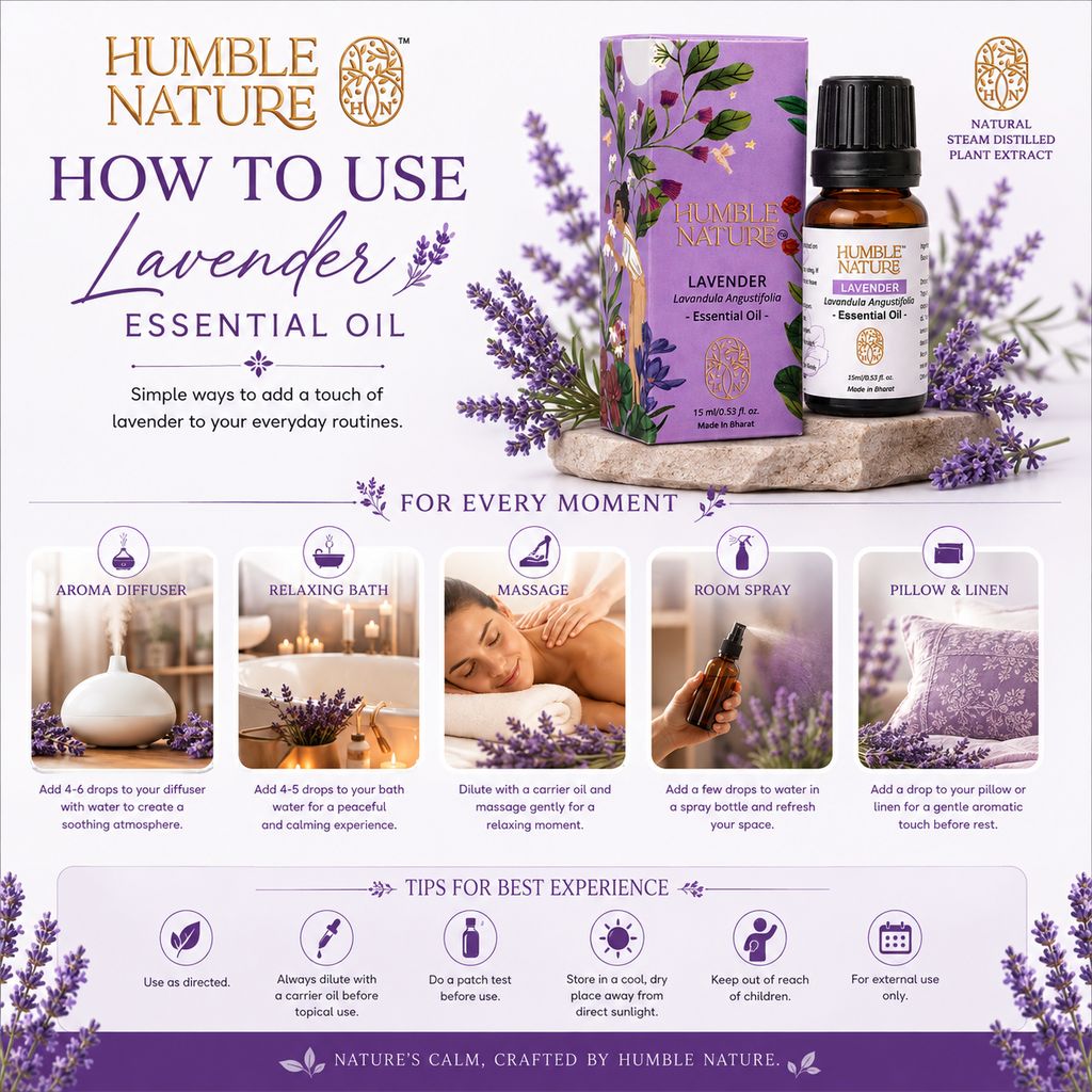 Humble Nature Lavender Essential Oil (Lavandula Angustifolia) – Steam Distilled Natural Plant Extract | Aromatherapy, Diffuser, Massage, DIY Skincare & Hair Care | GC-MS Tested | 15 ml view 2