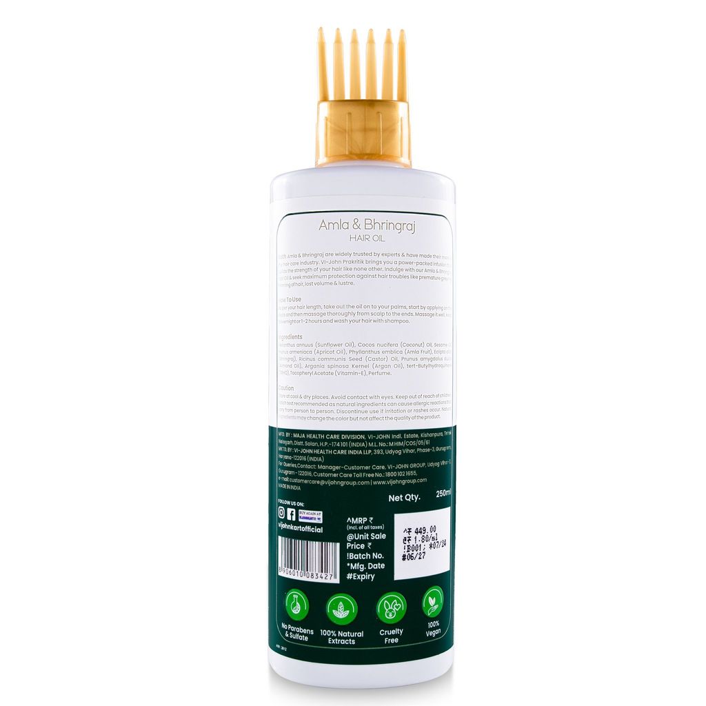 VI-JOHN Prakritik Amla & Bhringraj Hair Oil for Men & Women | 250ml |Repair Damage | Healthy Hair | 100% Natural Bio Actives view 2