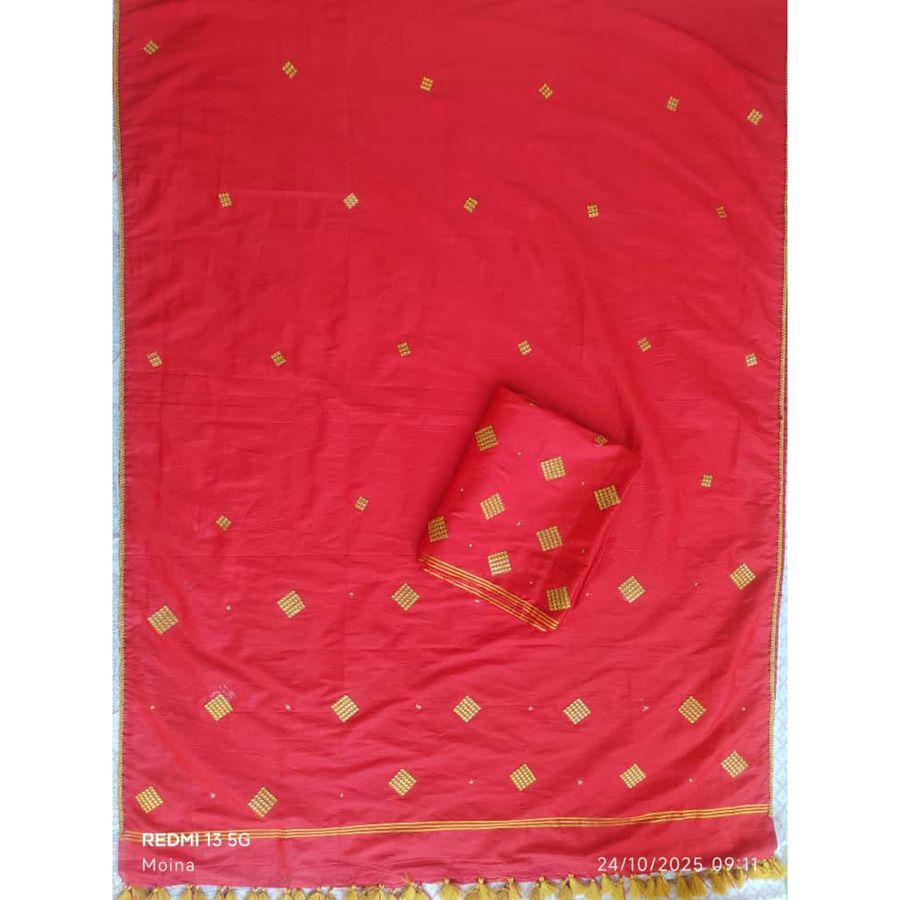 Red Chanderi Cotton-Silk Unstitched Dress Material with Golden Motifs view 2