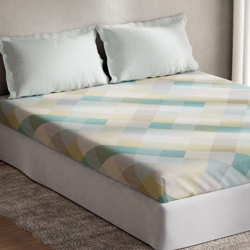 DDECOR - Optima Collection 100% Cotton Geometric Pattern 136TC Queen Bedsheet |224 CM X 254 CM| Green view 2