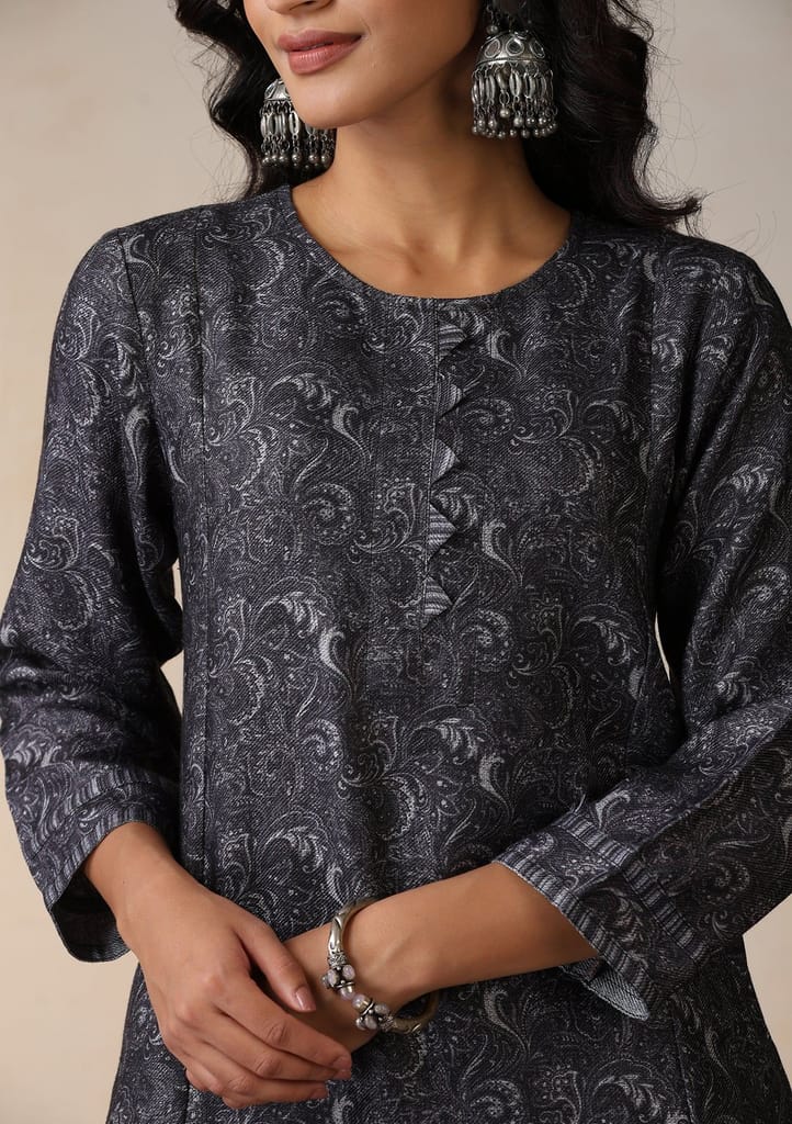 HOC Crafts Pashmina Printed Women's Long Kurta - Grey view 2