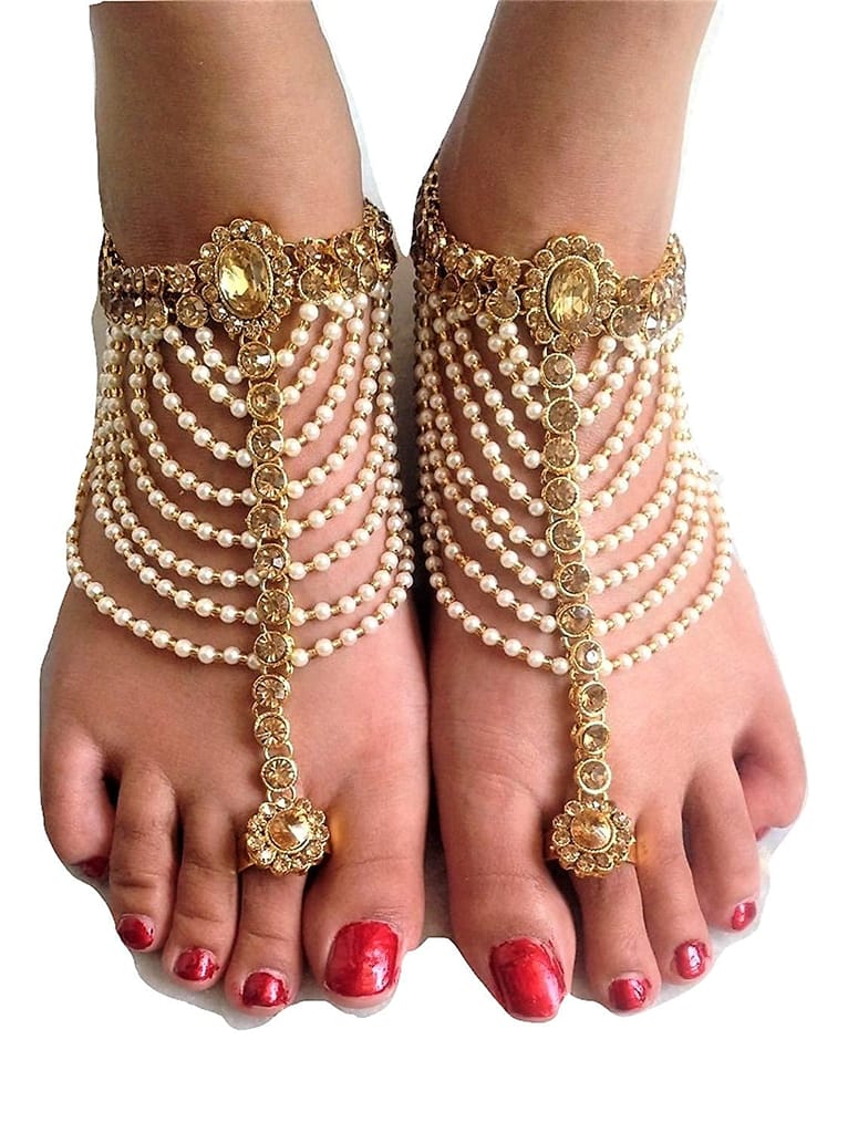 Nakoda Art Jewellery Traditional Kundan Pearls Stone Fancy Stylish antiq Gold Plated Payal/Anklet/Pajeb/Payjeb/Painjan/Ghungroo/Anklet Bracelet/Pattilu for Women and Girls view 2