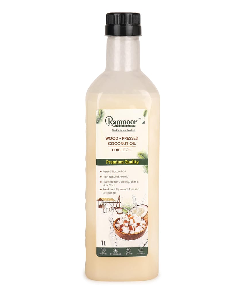Ramnoor Pure Organic Wood Pressed Coconut Oil 1L | Cold Pressed | Virgin & Unrefined | Multipurpose Coconut Oil
