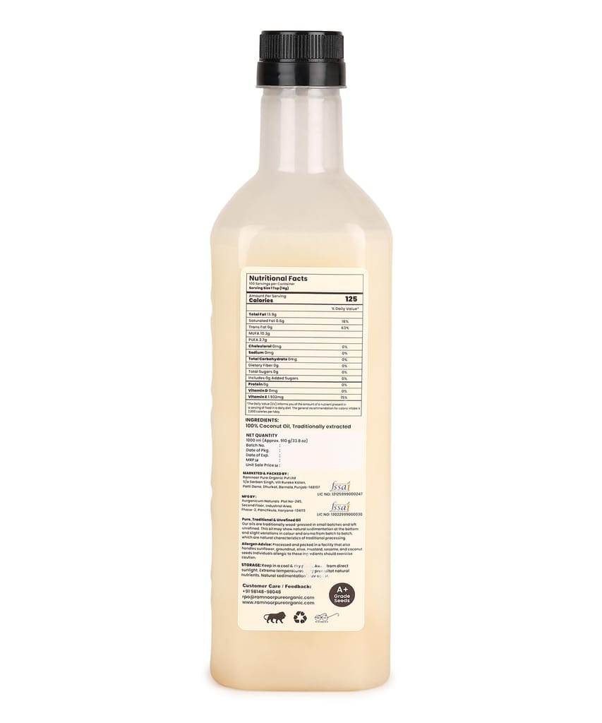 Ramnoor Pure Organic Wood Pressed Coconut Oil 1L | Cold Pressed | Virgin & Unrefined | Multipurpose Coconut Oil view 2