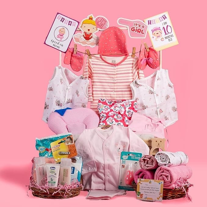 The Baby First Box Newborn Baby Essential Kit-25 Items (Summer Kit For 0-3 Months) For Baby Girls|Newborn Hamper Gift Set|Baby Gift Kit|Gift Set For Baby Shower|Baby Gifts,Multicolor
