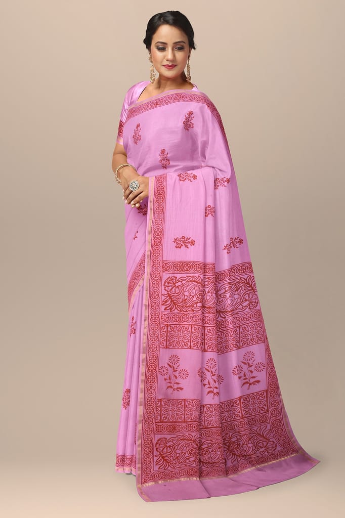 Baby Pink Floral Pattern Handwoven Hand Block Print Sausar Silk Saree SKU-AS10039 view 2