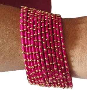Set of 12 Traditional Indian Silk Thread Bangles with Golden Beads view 2