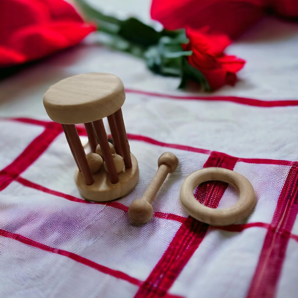 Gentle Sounds Making Neem Wooden Tumbler & Teethers of Shapes Ring & Dumb Bell view 2