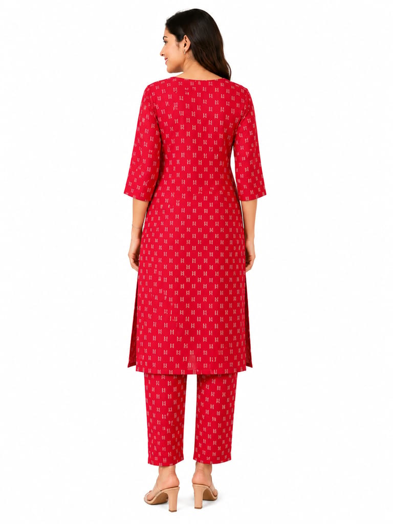 Rayon Ikat Model Printed Kurti Set – Red | Premium Rayon Fabric view 2