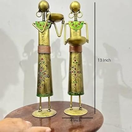 RUPESH KUMAR JANGID Metal Wrought Iron showpieces of Tribal Lady/Ladies Doll Figurine Statue in Golden Decorative Items | Show Pieces for Home Decor Stylish Living Room Tea Light Stand (Set of 2) (Design 2) view 2