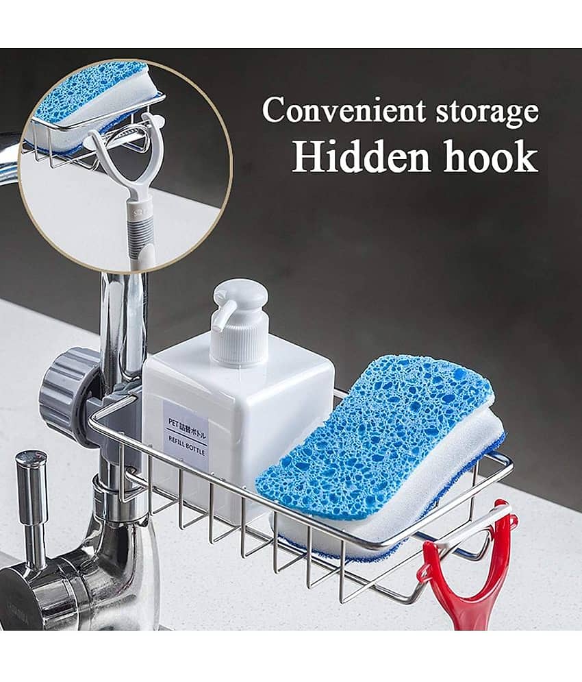 Stainless Steel Kitchen and Bathroom Faucet Scrubbers Sponge Holder Rack Hanging Sink Organizer Stand Caddy Rack Towel Holder Faucet Caddy for Bathroom Shelf view 2
