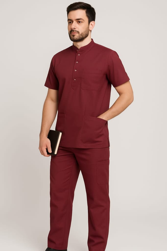 Premium Scrub Set | Unisex Scrub Set | Half Sleeves | Mandarian Collar Scrub | deal For Health Care Professional | Color (Maroon) view 2