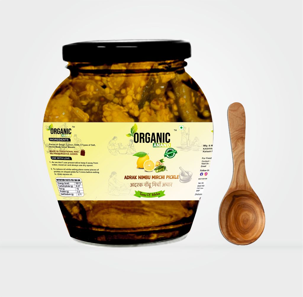 Organic Anand Homemade Ginger Lemon Green Chilli Mix Pickles 350gram Khatta Mix Ghar ka Achaar with Neemwood Spoon Flavourful, Delicious, Traditional Taste view 2