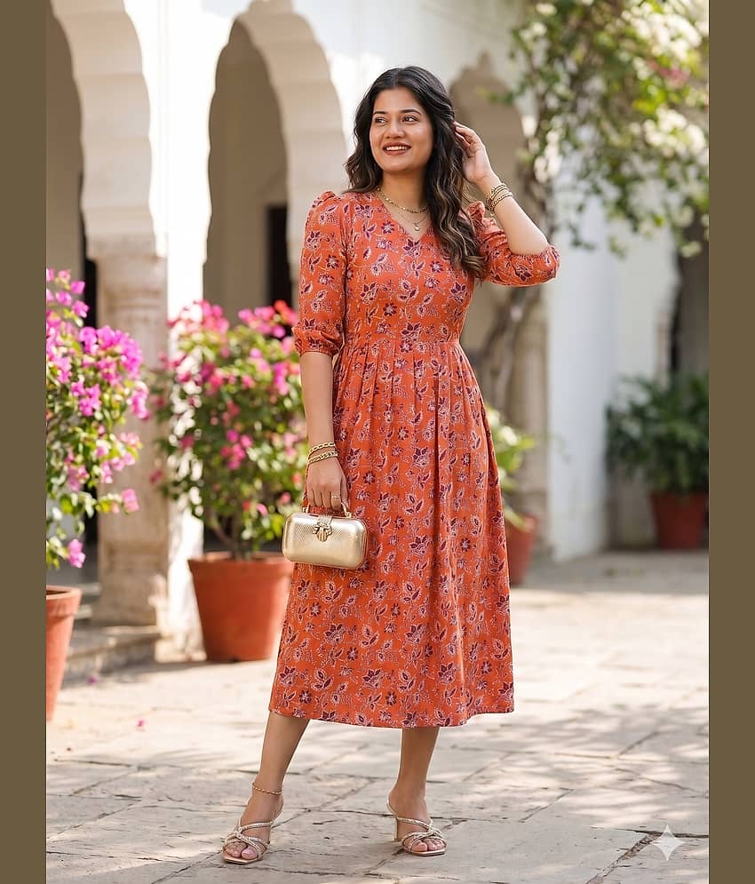 Parnavi Women Cotton Printed Fit & Flare Dress ( Blue )