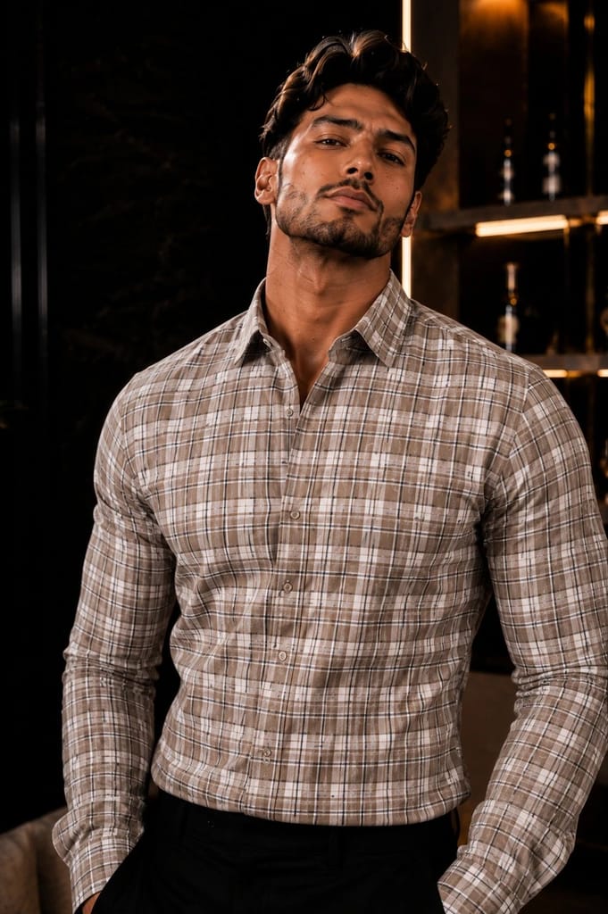 Men's Premium Beige brown Check Formal Shirt