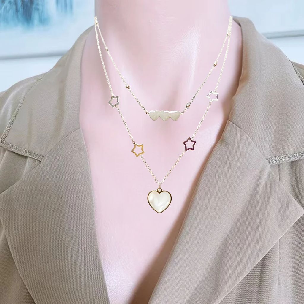 Jewelryklub Double Layer Heart Shaped Pendant Love Hollow Star Silver Plated Stainless Steel Necklace Chain For Girls Women Ladies Girlfriend Wife Western Valentine Gifts Birthday Lovers view 2