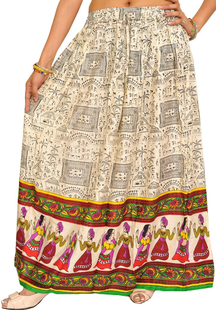 Vibrant-Green Off-White Warli Folk Printed Long Skirt with Dancing Couples view 2