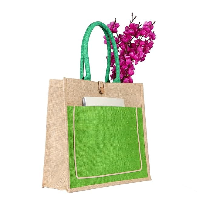 Jute Tote Bag with Front Pocket and Reinforced Handles