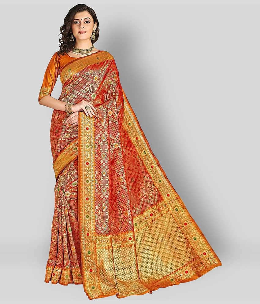 Dressy Silk Blend Printed Saree With Unstitched Blouse Piece ( Red )
