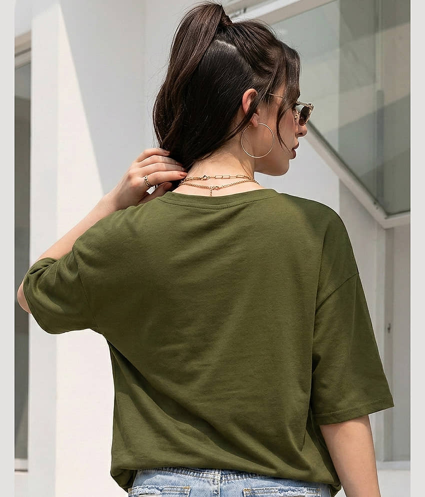 AUSK Women Cotton Blend Printed Loose Round Neck T-Shirt ( Green ) view 2