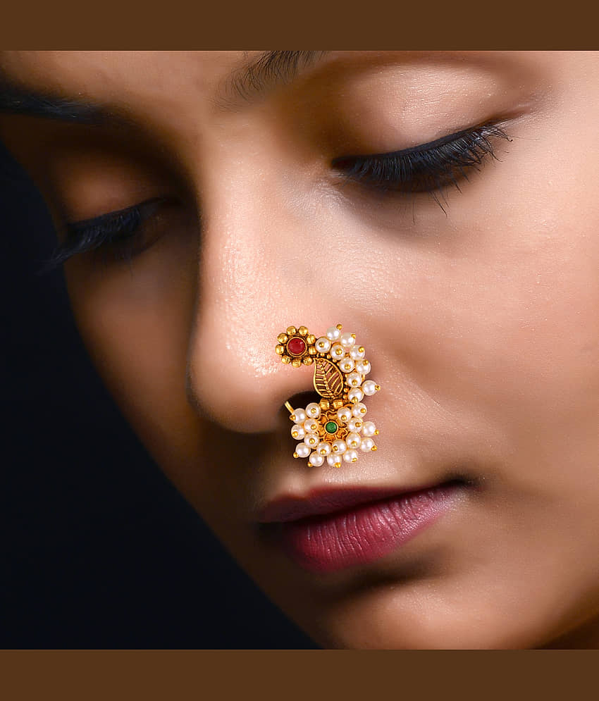 Vivastri's Premium & Elegant Peackock Style Cubic Zirconia Bead Studded Nose Rings For Women & Girls -VIVA1280NTH-PRESS-MULTI view 2