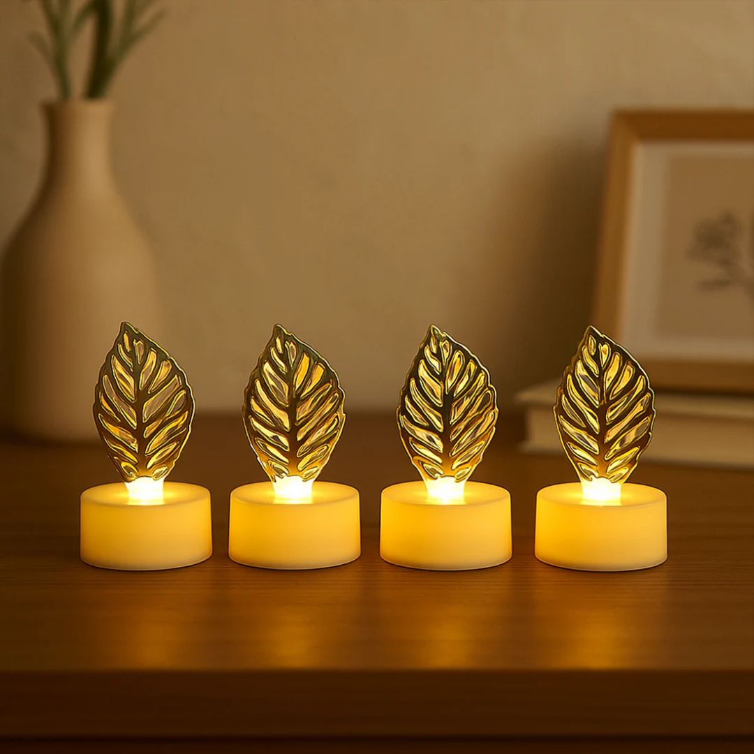 Decorative Golden Leaf Shaped Flameless LED Candles (4 Pcs) view 2