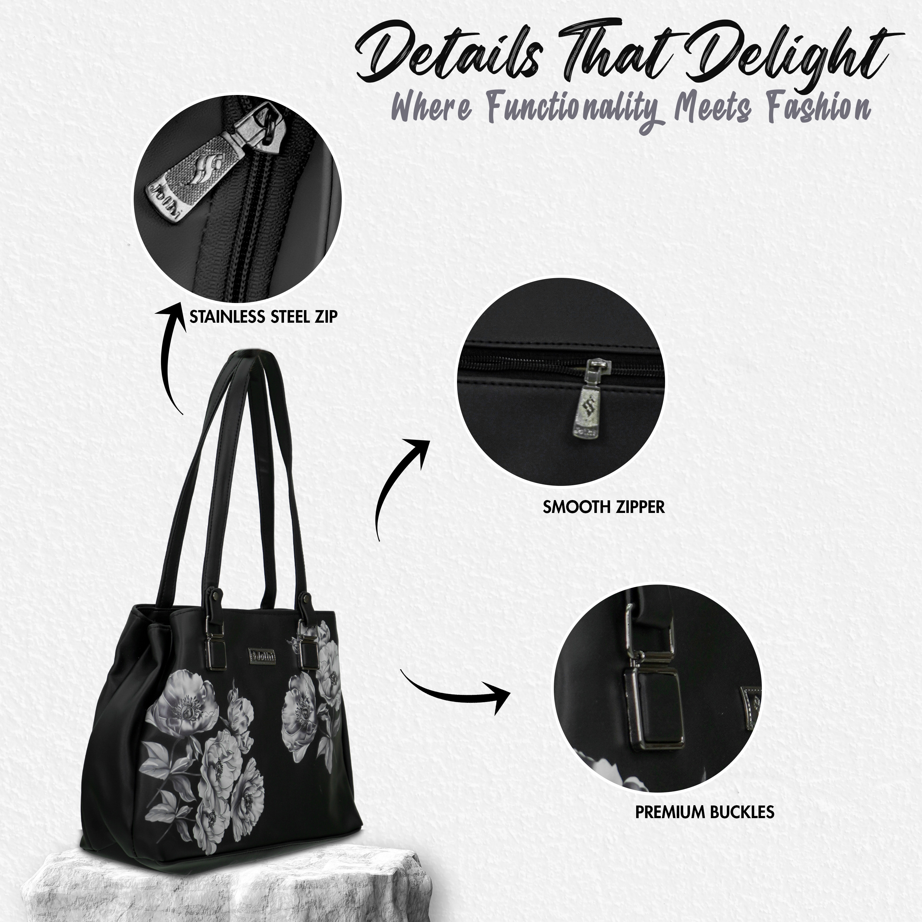 Jothi Blossom Handbag | 7.44L Floral Synthetic Leather Handbag | Lightweight, Matte Finish | Multiple Compartments | Stylish Top Handles | Water-Resistant Nylon Lining view 2