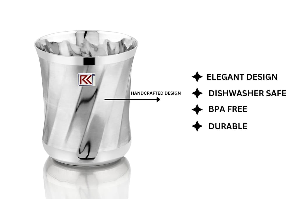 RK Stainless Steel DUMROO SALAI 7 Drinking Glasses | 300 ml Unbreakable Glass Set with Glossy Finish Design & Dishwasher Safe, Set of 4 view 2