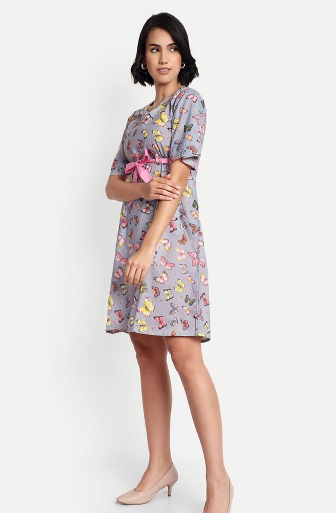 Women's Casual Butterfly Print A-Line Dress with Waist Belt
