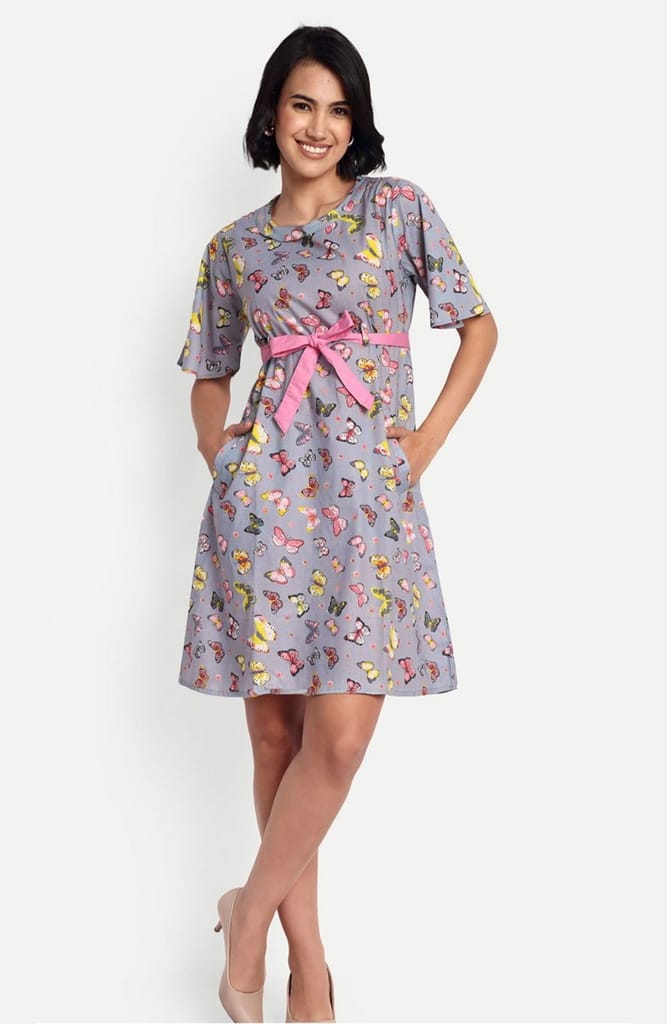 Women's Casual Butterfly Print A-Line Dress with Waist Belt view 2
