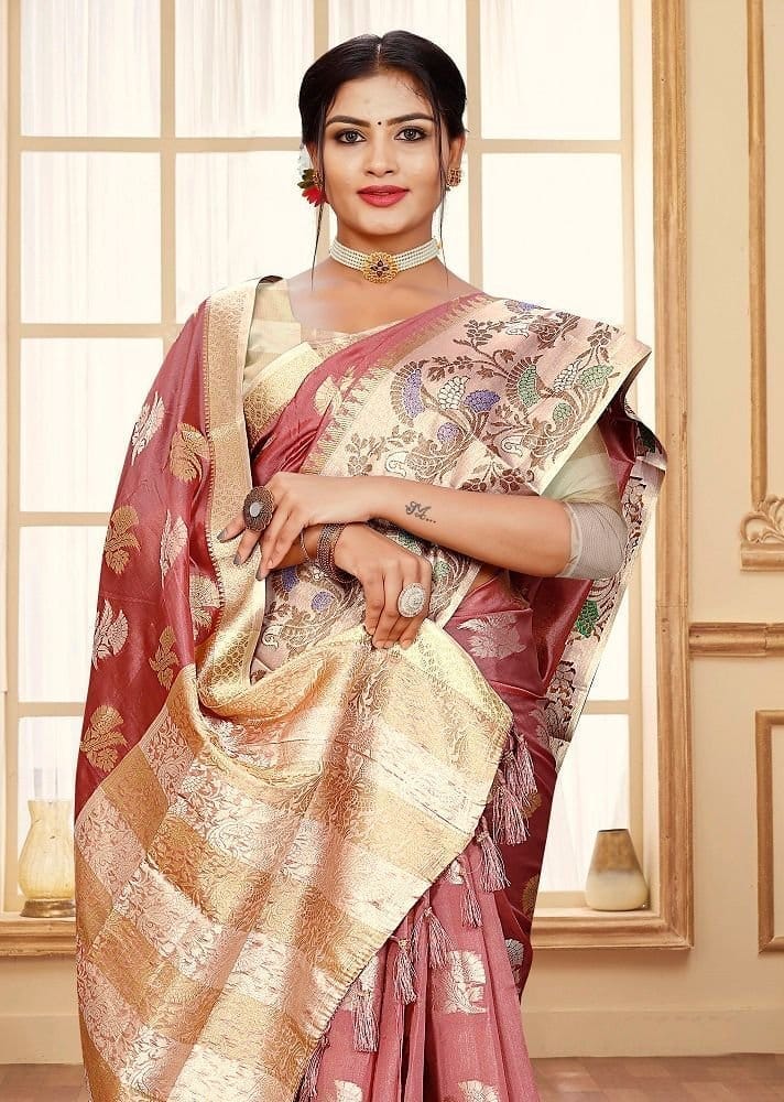 Woven Art Silk Saree in Old Rose view 2