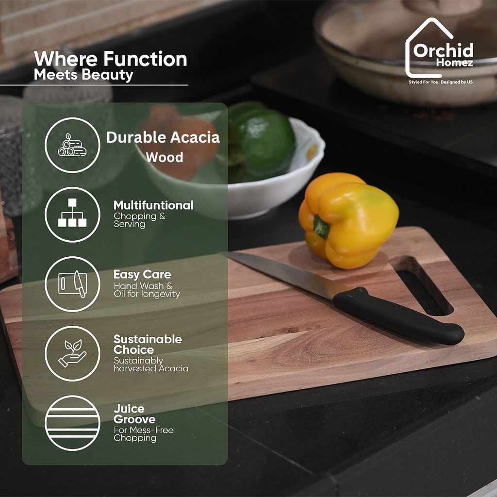 Orchid Homez Wooden Chopping Board, Cutting Board, Serving Tray for Kitchen Vegetables, Fruits & Cheese | Natural Color| Handcrafted | Made in India (38LX21.5BX1.5W, Brown, Design-1) view 2