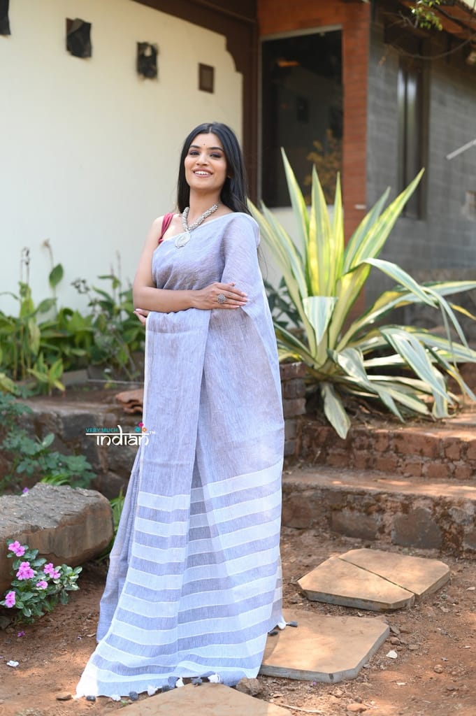 Exclusive! Pure Linen Saree - Smart Grey view 2