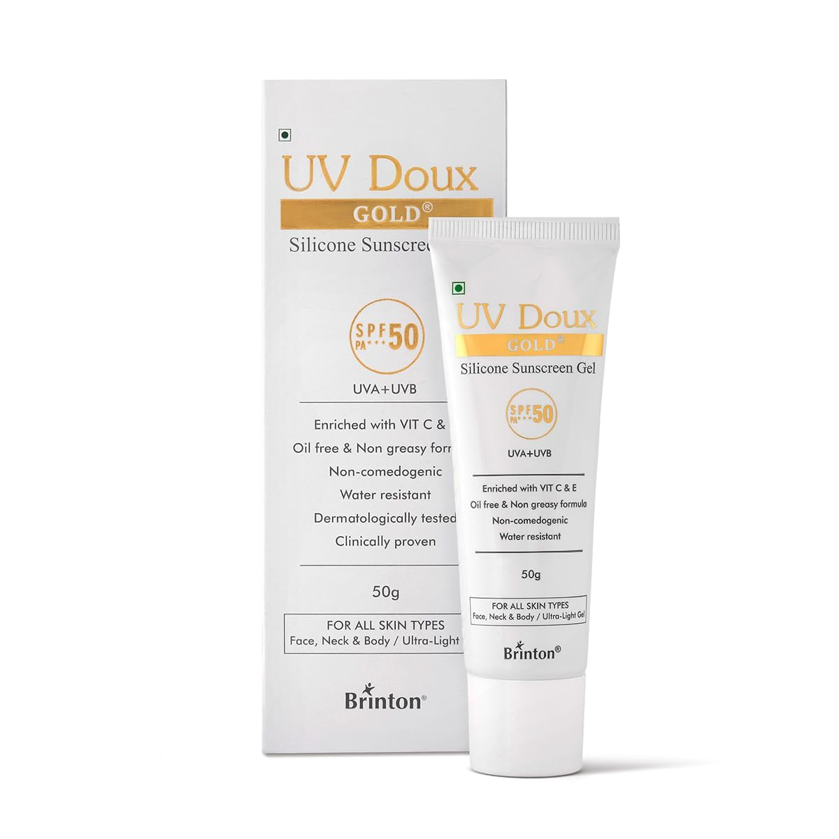 Brinton UV Doux Gold Silicone Sunscreen Gel SPF 50 PA+++ Enriched With Vitamin C & E | Water Resistant Oil Free & Non- Greasy | UVA/UVB With Broad Spectrum 50 g x Pack of 3
