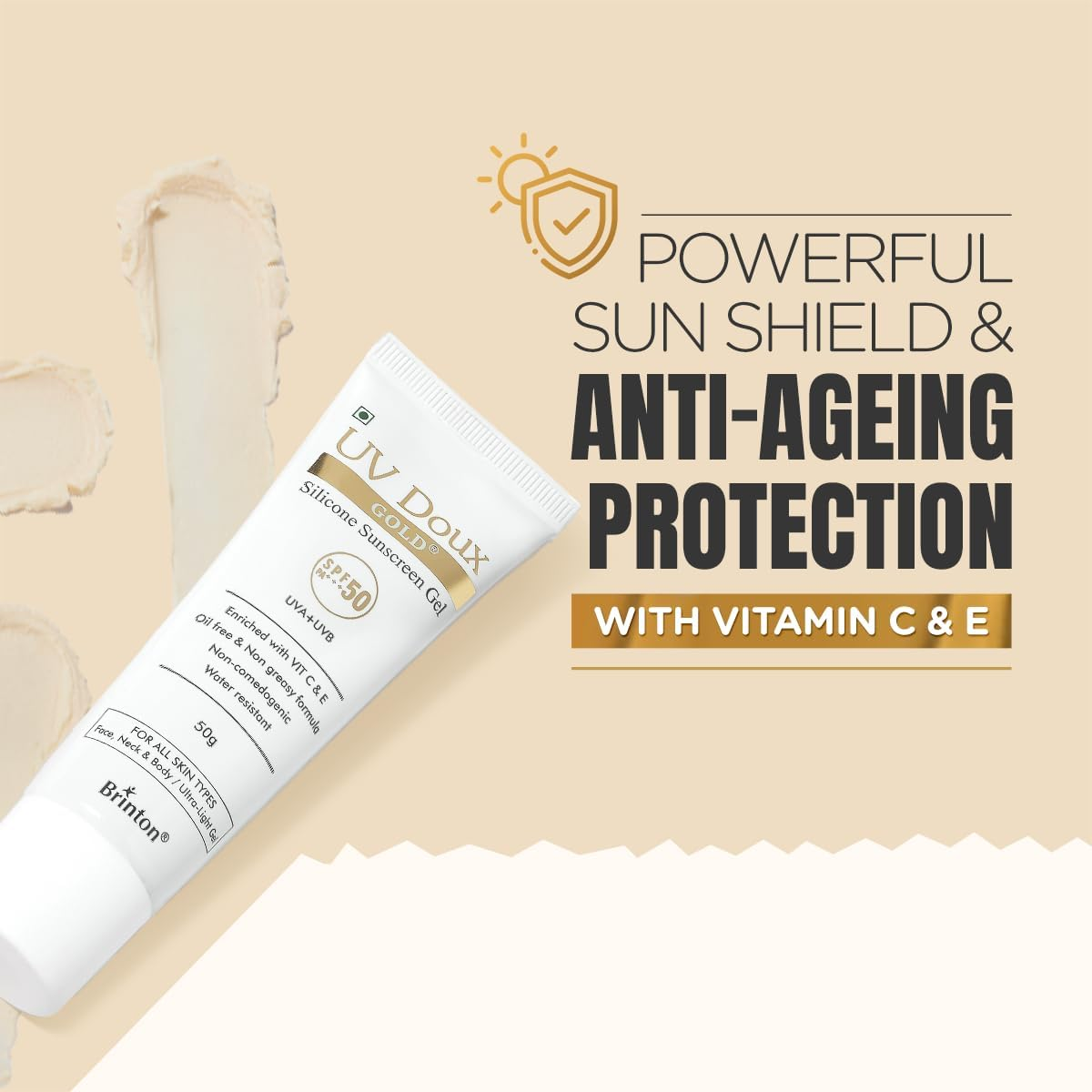 Brinton UV Doux Gold Silicone Sunscreen Gel SPF 50 PA+++ Enriched With Vitamin C & E | Water Resistant Oil Free & Non- Greasy | UVA/UVB With Broad Spectrum 50 g x Pack of 3 view 2