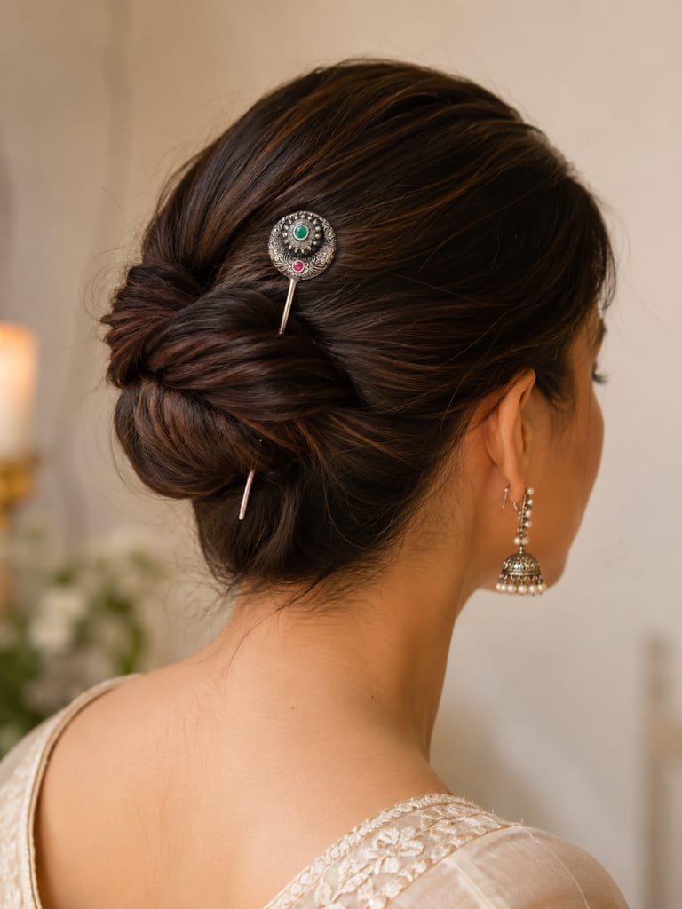 Handcrafted Oxidised Silver Juda Stick for Women | Floral Hair Bun Pin view 2