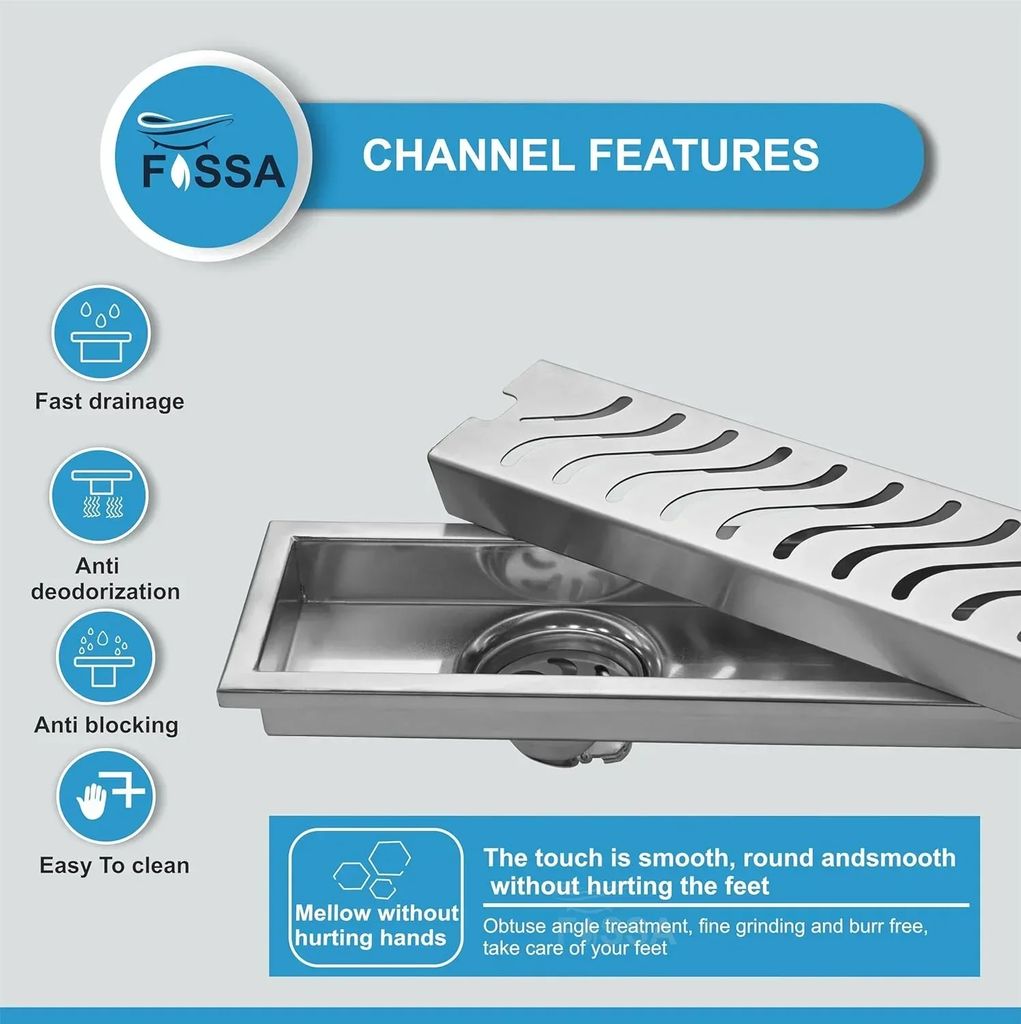 Wave (12x 4 Inches) 304 Grade Brushed Shower Drain Channel Floor Drain view 2