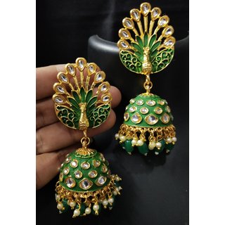 Royal Peacock Emerald Green Meenakari Kundan Jhumki Earrings Set
