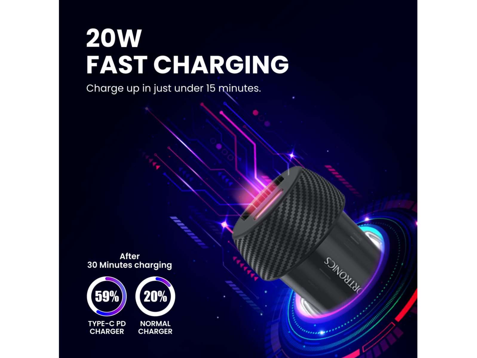 Portronics Car Power 7 Car Charger with 20W Dual Output (Type-C PD + USB), Fast Charging, Adapter Compatible for Most Cars & Cellular Phones view 2