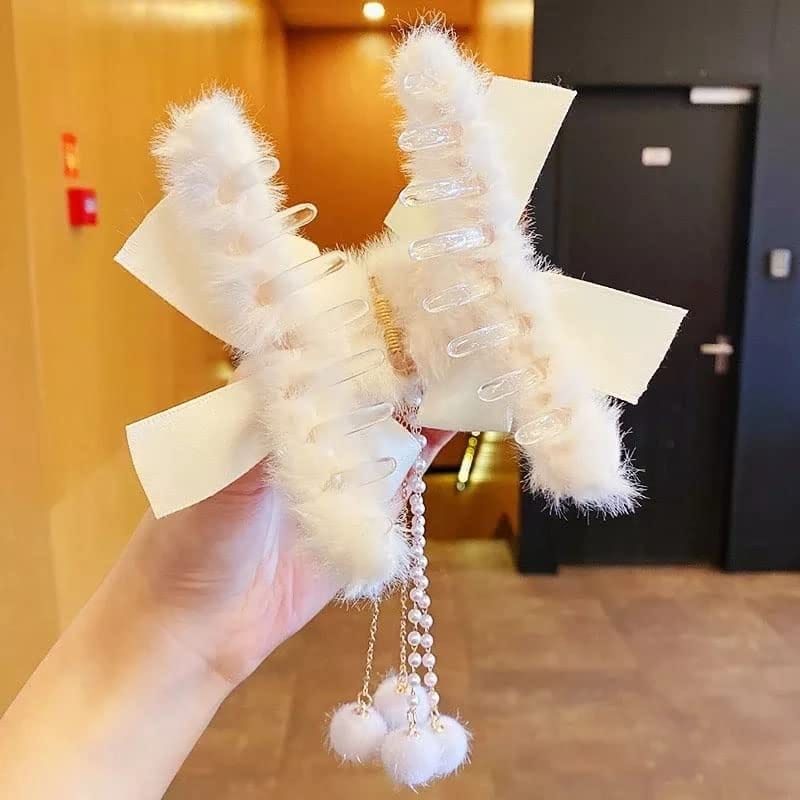 Cute Furry Hair Clip with Bow & Dangling Pearl Chains view 2