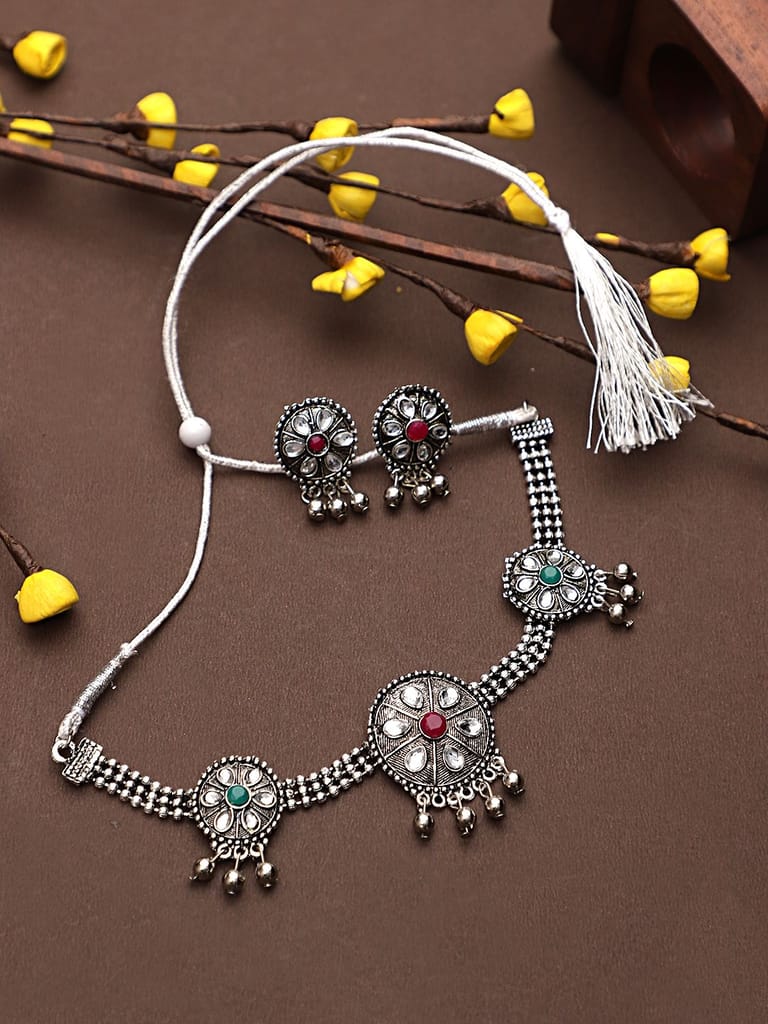 Oxidized Silver Color Multicolor Stone Choker Necklace view 2