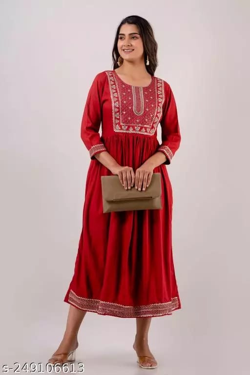 Women Rayon Embroidery Kurti (Maroon)