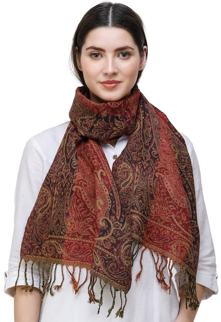Wren Reversible Jamawar Scarf from Amritsar with Woven Paisleys view 2
