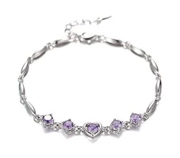 "Stunning Silver Bracelet with Purple Heart-Shaped Crystals"