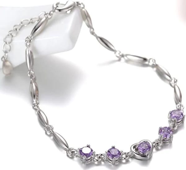 "Stunning Silver Bracelet with Purple Heart-Shaped Crystals" view 2