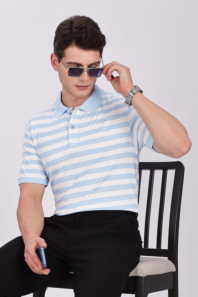 Puff Cotton Sky Blue & White Striped Polo view 2