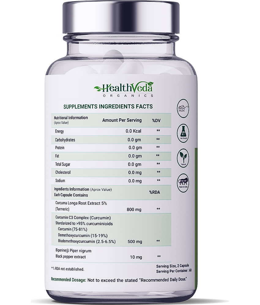 Health Veda Organics Curcumin C3 + Bioperine Supplements for Joint & Muscle Health, 60 Veg Capsules view 2